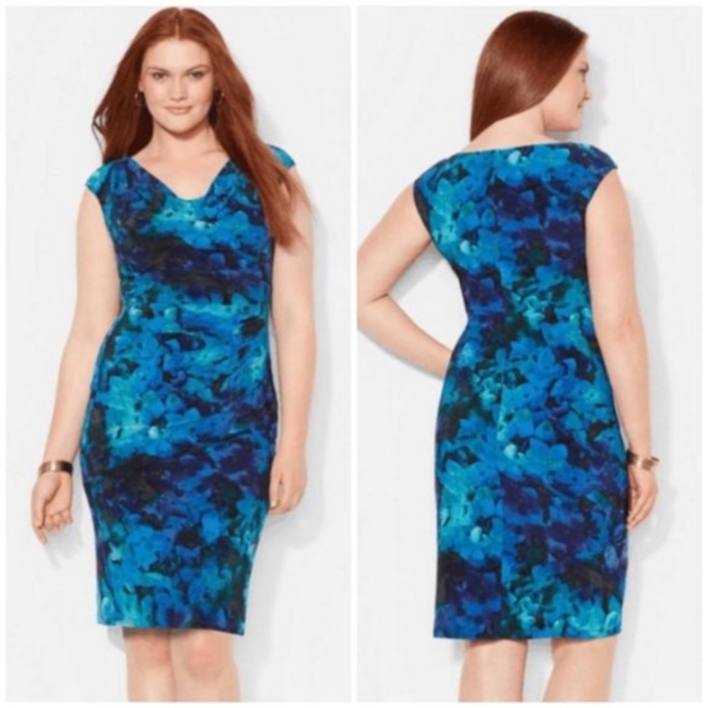 Lauren Ralph Lauren Floral Draped Cowl Neck Dress Womens Size 14 Blue & Green